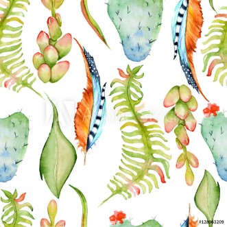 Picture of Seamless pattern with ferns leaves cactus succulents drawing by watercolor hand drawn illustration